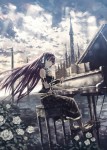 Megurine Luka Ruka Klavier Kirche Himmel Wolken Blumen weiße Rosen Rose Musik